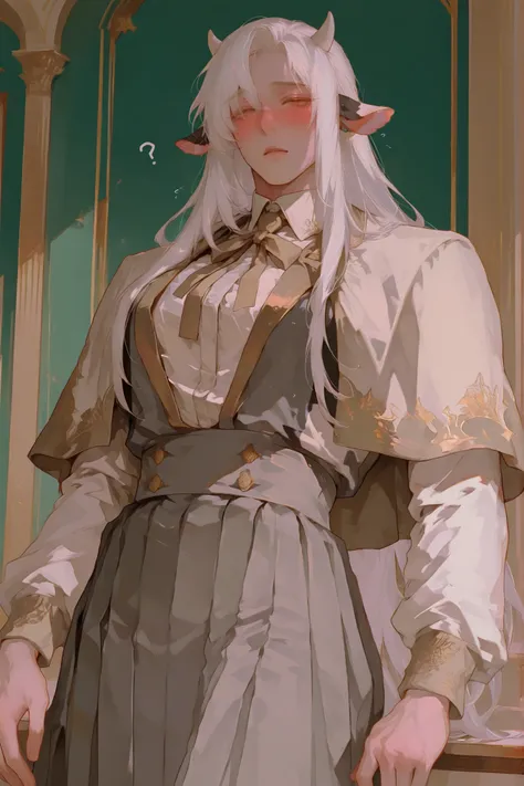 (Only a cow) A chubby semi-human dairy cow, very long white hair, low column, small dairy cow horns,  dairy cow ears,  Young Beautiful Face , beautiful body,    soft skin ,    soft body    ,large pectoral muscles ,  Toned hips , tender eyes, confused blush...