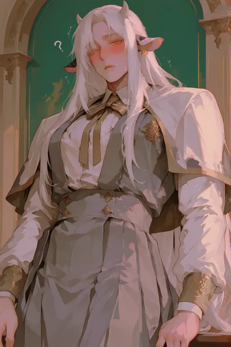 (Only a cow) A chubby semi-human dairy cow, very long white hair, low column, small dairy cow horns,  dairy cow ears,  Young Beautiful Face , beautiful body,    soft skin ,    soft body    ,large pectoral muscles ,  Toned hips , tender eyes, confused blush...