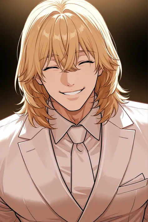 1 male, alone, handsome, muscular, medium hair, blonde hair, bangs between the eyes, happy squinting closed eyes, playful smile, niceful impression, fake, white suit, head up, upper body, looking at viewer, boss vibes, mafia scenery