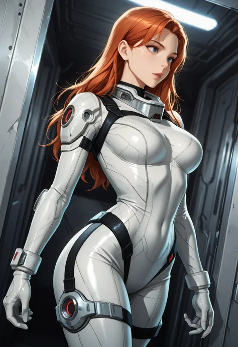 high resolution images, masterpiece, Highest Quality, amazing quality, official art, Highly detailed, Wallpaper, 1 girl, slender, wide hips, fit thighs, A very attractive and slim woman wearing a tight spacesuit walks through the corridors of an abandoned ...
