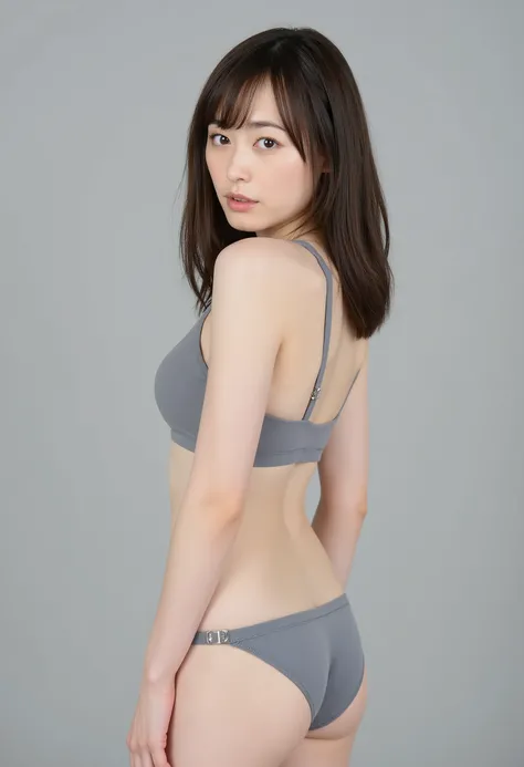 fukuhara haruka,,(Raw Picture real:1.6) live-action, Picture , top quality,serious expression, ((( delicate figure))), (((Thin Waist))),(small breasts), focus on women,, ((Full body view )), (((I'm wearing a cute gray thin fabric bra and panties)))