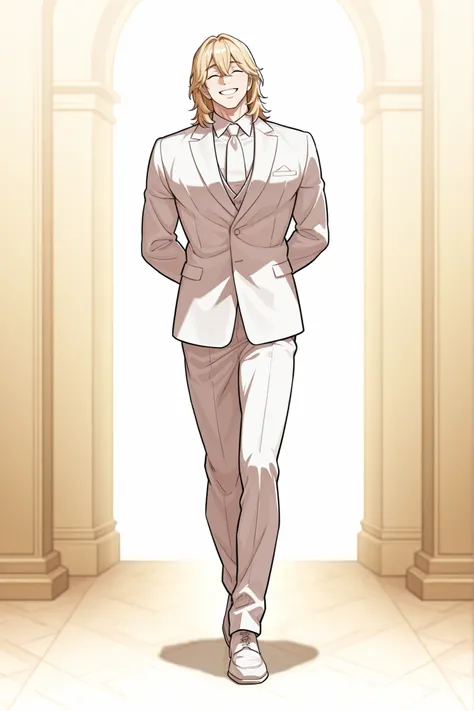 1 male, alone, handsome, muscular, medium hair, blonde hair, bangs between the eyes, happy squinting closed eyes, playful smile, niceful impression, fake, white suit, white dress shoes, arms behind back, head up, full body, looking at viewer, boss vibes, m...