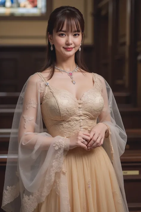 Brown Hair, Blunt bangs, (( best quality, 8k, masterpiece: 1.3)), ((knee shot, three-quarter-length front view of a woman:1.6)), ((topless, sexy taut cleavage:1.2)), ((a naked beauty in big breasts with highly protruded nipples exposed fully:1.6)), 16K HD,...