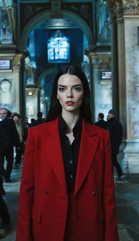 Anya Taylor in a red suit with a black shirt, 8k black hair in the background, a castle with pilasters, columns in white marble, neon blue light, cold light, people and signs.