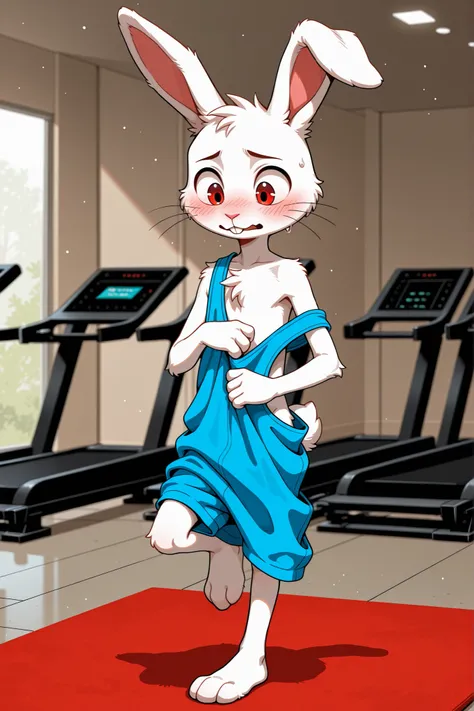 solo, 1boy, no humans, furry male, rabbit, pink nose, white fur, red eyes, whiskers, buck teeth, short, skinny, AgeRegression, Oversized Clothes, (shrinking:1.1), masterpiece, absurdres, amazing quality, ultra detailed, full body, walking, waddling, leg up...