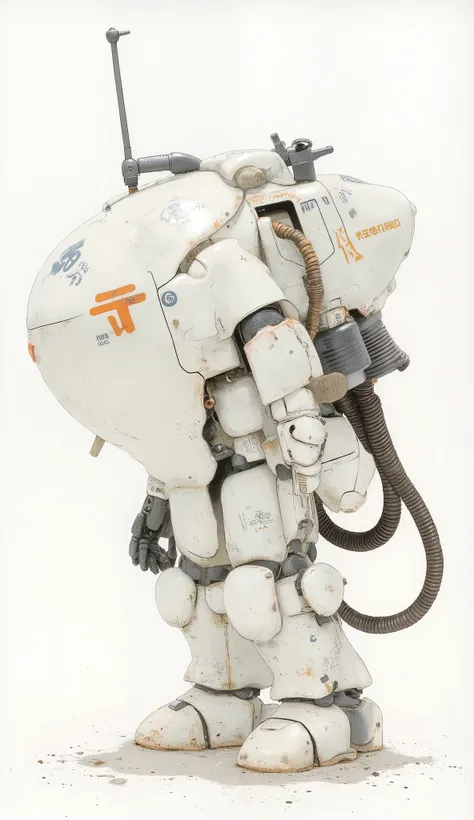 has a toy robot standing on a white surface, Sleea,orange painted action figure,Detailed illustration、 Gouf , Gouf  mobile suit, pit droid, Ashley Wood, Zaku, Ver. Kamekamacinarium , Action Figure Mecha, Machinen Krieger, White Mecha, with slight ultramari...