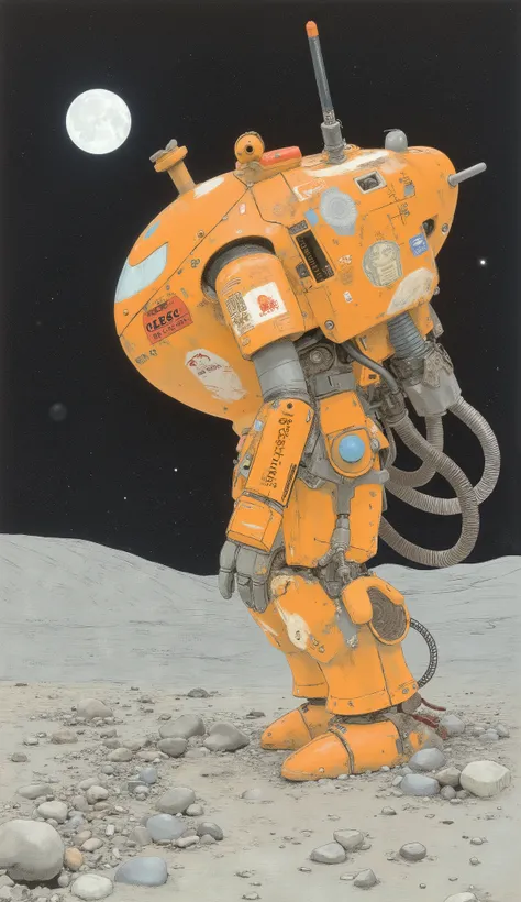 there is a robot standing on the surface of the moon, Sleea,robot painted orange,Detailed illustration、Gouf , Gouf mobile suit, pit droid, Ashley Wood, Zaku, Ver. Kamekamacinarium , Action Mecha , Machinen Krieger, Orange mecha, has lots of corporate stic...