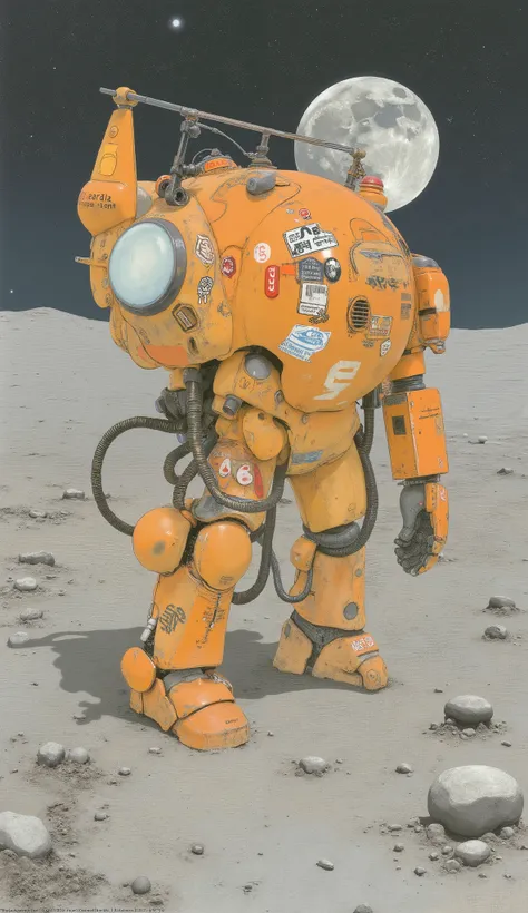 there is a robot standing on the surface of the moon, Sleea,robot painted orange,Detailed illustration、Gouf , Gouf  mobile suit, pit droid, Ashley Wood, Zaku, Ver. Kamekamacinarium , Action Mecha , Machinen Krieger, Orange mecha, has lots of corporate stic...