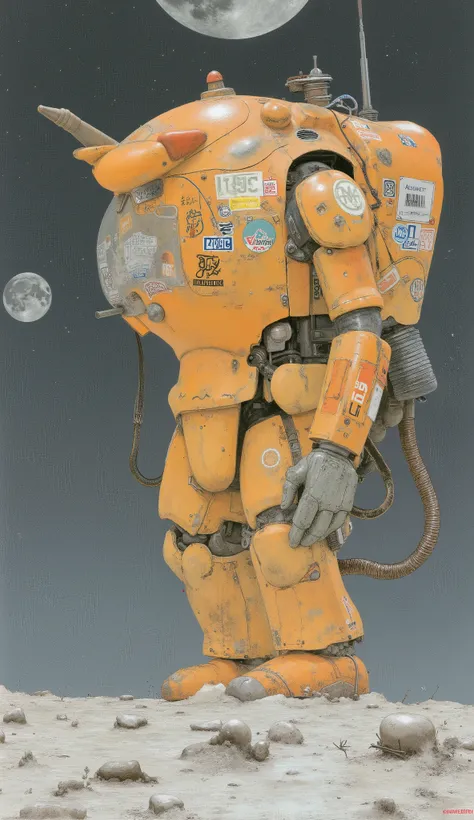 there is a robot standing on the surface of the moon, Sleea,robot painted orange,Detailed illustration、Gouf , Gouf  mobile suit, pit droid, Ashley Wood, Zaku, Ver. Kamekamacinarium , Action Mecha , Machinen Krieger, Orange mecha, has lots of corporate stic...