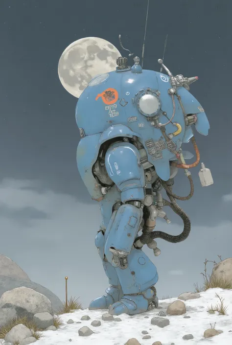 A blue robot is standing on the moon with its feet, メカ shaped like a manatee, miniature Tachikoma, with slight ultramarine highlights, Detailed illustration、detailed illustration、metal gear mecha, Mecha body , Tachikoma, # Mecha A, Mecha suit, seapunk Mech...