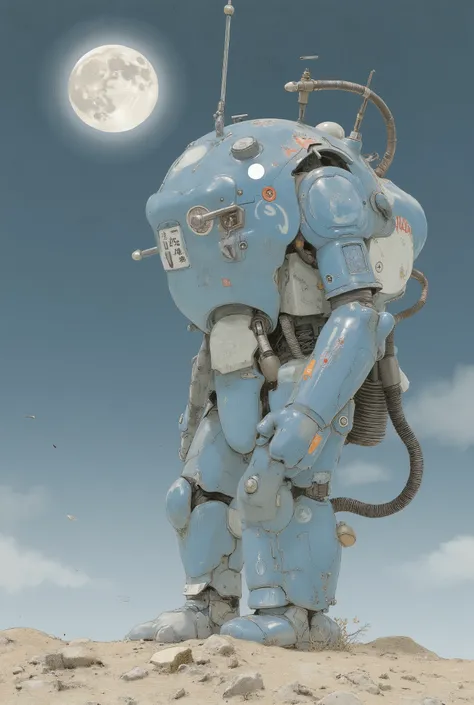 A blue robot is standing on the moon with its feet, メカ shaped like a manatee, miniature Tachikoma, with slight ultramarine highlights, Detailed illustration、detailed illustration、metal gear mecha, Mecha body , Tachikoma, # Mecha A, Mecha suit, seapunk Mech...