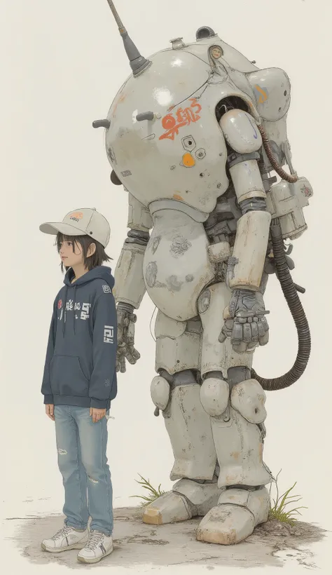 Aerial photography、shot with a wide-angle lens、There is a Japanese high school girl standing next to a robot wearing a baseball cap、dark blue hoodie、jeans,Nike sneakers、18 year old woman、 Kato Haruhisa　Seimitsu, There is a statue of a woman wearing an orga...