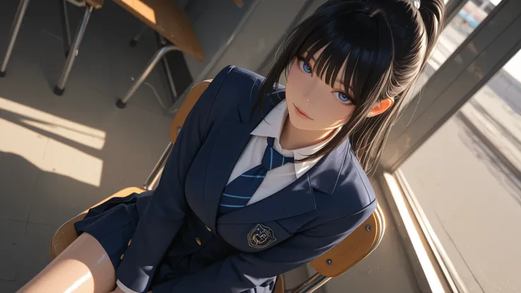 super realistic skin , shiny skin, Masterpiece , high quality , super detailed , solo , Long black hairstyles tied in a sexy ponytail in a posh school、seductive blue eyes , Beautiful high school girls in miniskirts , Blazer uniform、Morning to school ,  lig...