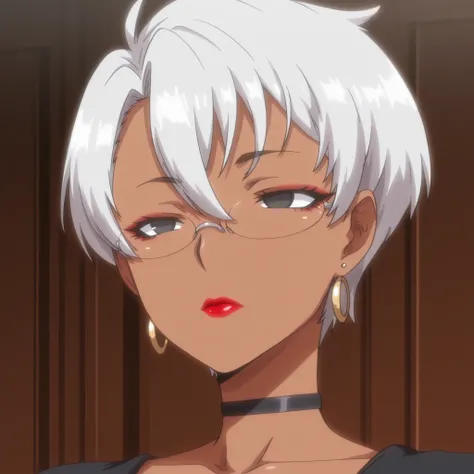 ,1 girl, super short hair, dark skin, glasses, round earrings, red lipstick. Black eyeliner, black eyes, no Pupils, narrow eyes,  black choker, black clothes 