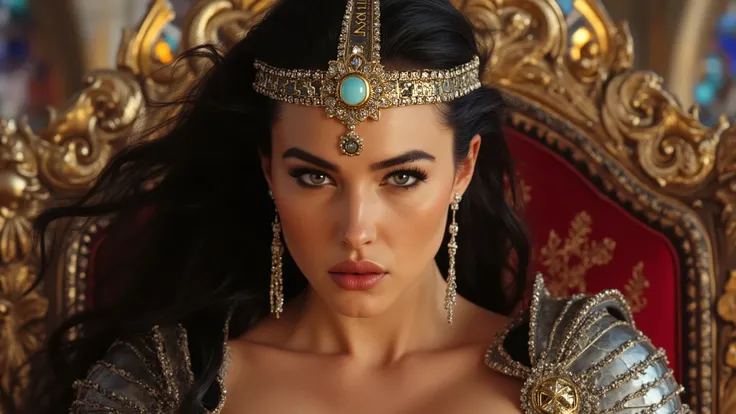 Flawless digital image of a stunningly beautiful, enchantress with gorgeous hair wearing super-sexy, revealing, medieval armor. Tall black leather boots. She squints slightly through sultry, blue-gray, prismatic eyes, dark mascara. Long black hair with whi...