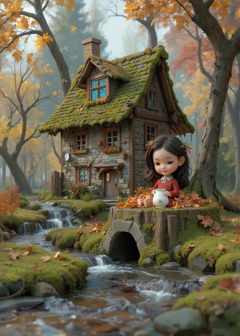 Ties、A cute girl is sitting on a tree stump in front of her house、Sitting on a Tree Stump、in a cute milk pot、Moss is growing on the roof、fall foliage、The stream flows、 small arcuate bridge 、Ties、Like in a fairy tale、realistic3D. Rendering