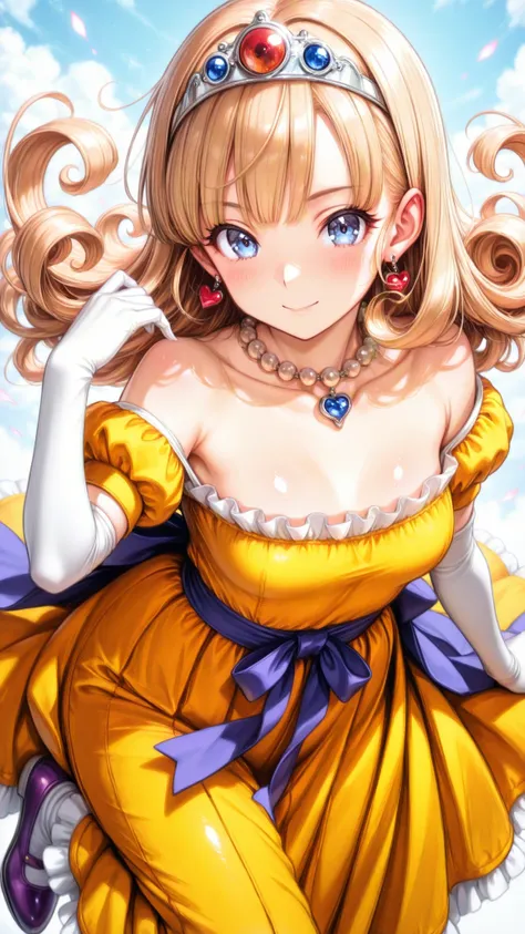 (ultra detail),upper body、Prairie
(masterpiece),(top quality),anime 、pastel,anime,glossy skin,Dragon Quest,Lola,princess,Beautiful blonde hair with detailed letter,long hair,curl hair,uneven bangs,Expand your bangs,tiara,hair ornaments,floating hair、Beauti...
