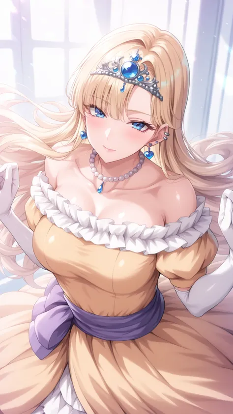 (ultra detail),upper body、Prairie
(masterpiece),(top quality),anime 、pastel,anime,glossy skin,Dragon Quest,Lola,princess,Beautiful blonde hair with detailed letter,long hair,curl hair,uneven bangs,Expand your bangs,tiara,hair ornaments,floating hair、Beauti...