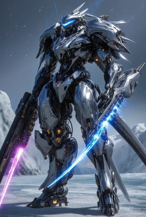 (120-meter-high gunmetal mirrored body:1.5), hologram colorのライン. black top, Purple and blue arc discharge lights on each joint, Black head and black legs. Antarctica. Hyper futuristic gothic psycho system mecha, powerful and elegant body line,hologram colo...