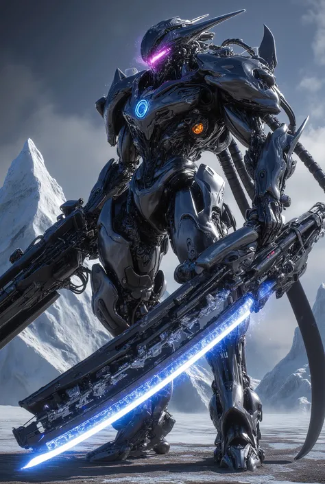 (120-meter-high gunmetal mirrored body:1.5), hologram colorのライン. black top, Purple and blue arc discharge lights on each joint, Black head and black legs. Antarctica. Hyper futuristic gothic psycho system mecha, powerful and elegant body line,hologram colo...
