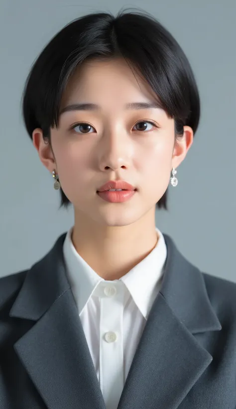 Passport photo of a neat young woman、facing directly、camera list、office lady suit、jacket、shirt、、、ear piercings、前髪あり、、、無表情、、、has closed its mouth、face close-up、grey background
