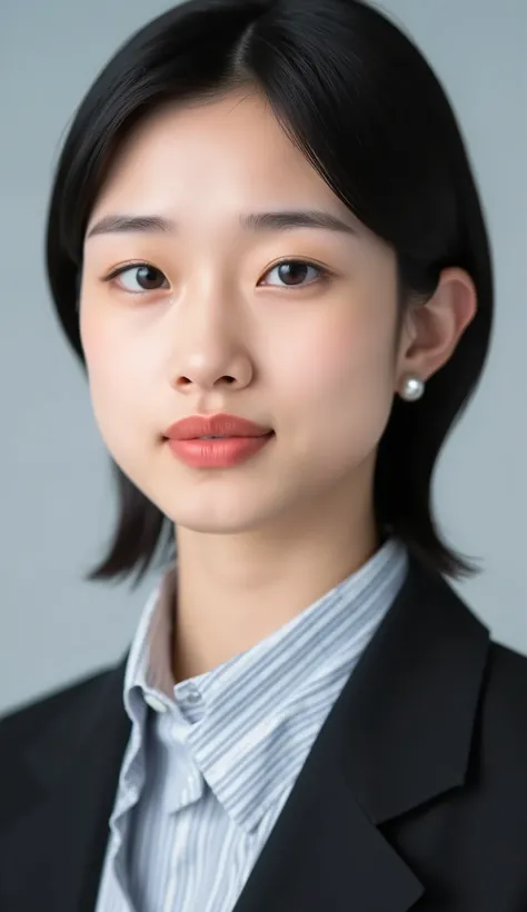Passport photo of a neat young woman、facing directly、camera list、office lady suit、jacket、shirt、、、ear piercings、前髪あり、、、無表情、、、has closed its mouth、face close-up、grey background
