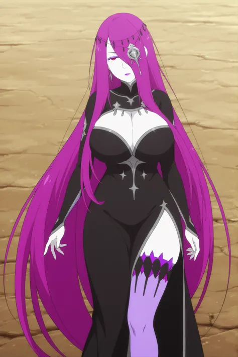 sekhmet, 1girl, mature female, pale skin, long hair, purple hair, hair over one eye, red eyes, makeup, big breasts, hair ornament, black dress, clothing cutout, thighhighs,