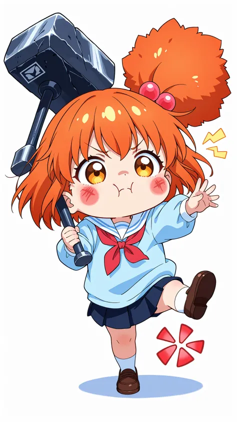 Comical Anime Style、Girl with a Giant Hammer with Anger Marks Floating、Punska face、puffy face、Red cheeks、bulging cheeks、Comical Anger Expression、light background、action pose、Cartoon-like Effects