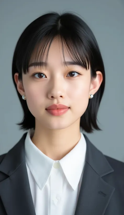 Passport photo of a neat young woman、facing directly、camera list、office lady suit、jacket、shirt、、、ear piercings、前髪あり、、、無表情、、、has closed its mouth、face close-up、grey background
