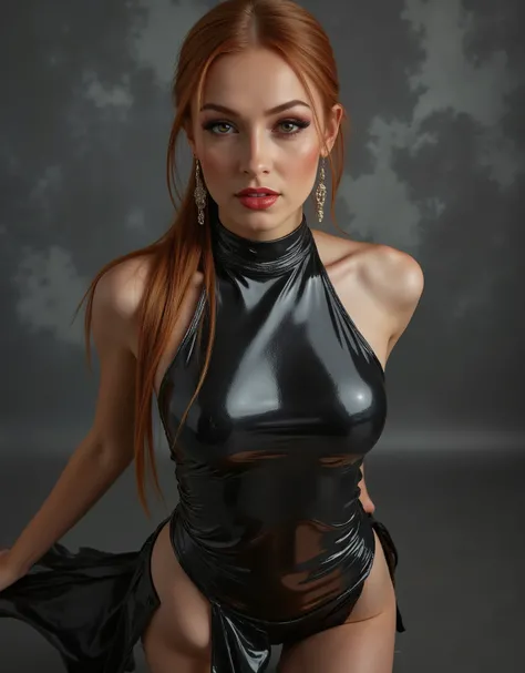 beautiful young slender sexy redhead woman, smiling, opened glossy lips. ponytail, clo016, wearing a sleek mirror finish chrome metallic gown with a high halterneck design, figure-hugging silhouette flowing to the floor, styled with statement earrings. exc...