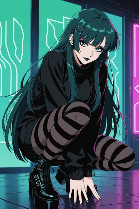 masterpiece, best quality, add detail, sharp focus, high contrast, deep focus, crouching, dynamic composition, dynamic angle, retro, anime, flat color, vector art, 
BREAK
1girl, adult woman, emo wearing a multi-toned oversized sweater with gothic accents, ...