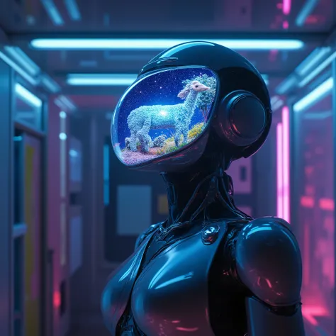 A melancholic android standing alone in a dim, futuristic room, softly illuminated by neon light.
Inside a transparent head or visor, a surreal dreamscape forms: an electric sheep made of glowing circuits and fiber-optic wool, floating in a cosmic field of...