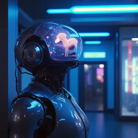A melancholic android standing alone in a dim, futuristic room, softly illuminated by neon light.
Inside a transparent head or visor, a surreal dreamscape forms: an electric sheep made of glowing circuits and fiber-optic wool, floating in a cosmic field of...