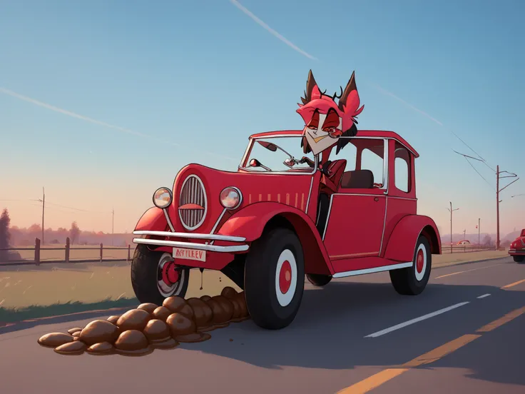 Take a photo of Alastor from the hotel, Hazbin, riding a tractor and driving through a poop field