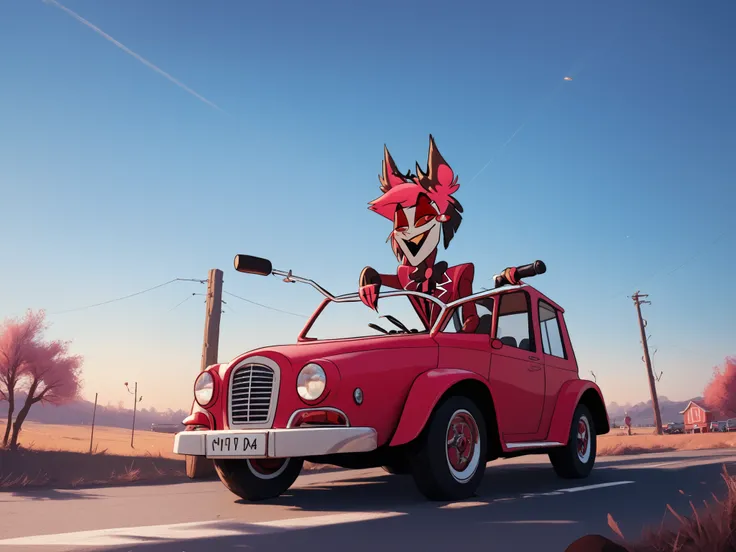 Take a photo of Alastor from the hotel, Hazbin, riding a tractor and driving through a poop field