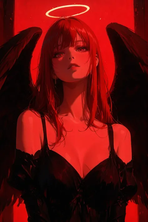 1girl, solo, alone, wings, angel, looking at the viewer,  red_aesthetic_anime, red theme, masterpiece, highres, eyes covered in clothes.