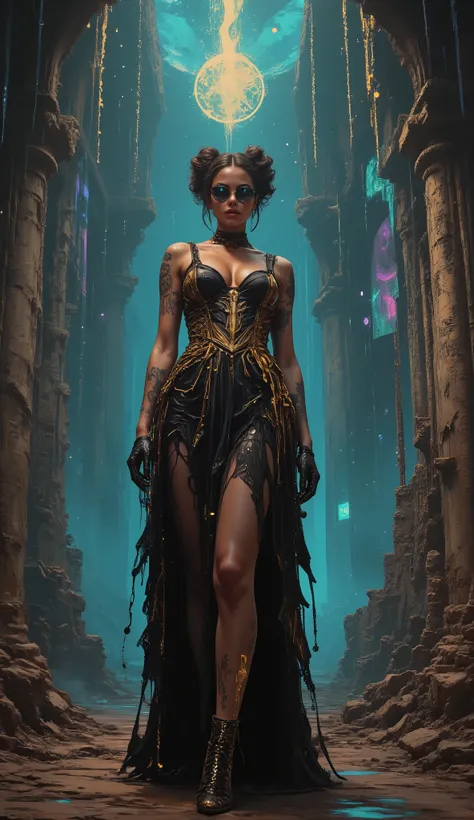 In the style of Neon glitch mosaic surrealism, we see a photo-realistic bizarre portrait of a beautiful, and Charismatic caucasian half black lady of mixed heritage bearing a large gap toothed infectious smile between dimpled cheeks, graceful yet an outca...