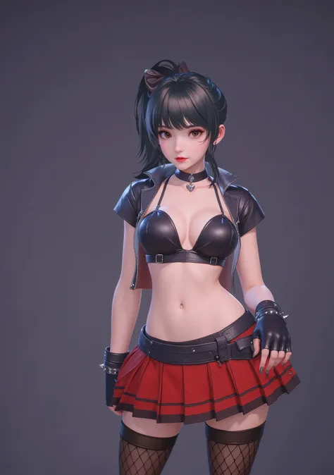 A young woman is portrayed wearing an outfit that combines elements of gothic fashion and cosplay. Her attire consists of a black leather crop top paired with a matching short-sleeved bolero. She accessorizes with a choker featuring a metallic heart pendan...