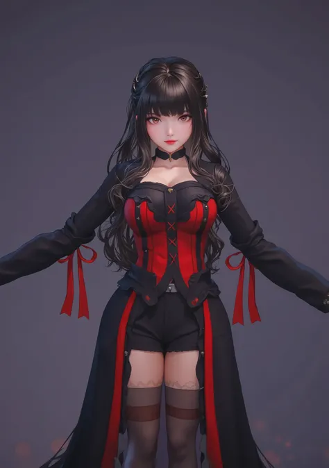 The image showcases a character adorned in a striking and elaborate outfit that blends Gothic and Victorian styles. The attire features a form-fitting corset with alternating black and red panels, accented by intricate lace and ribbon details, with a serie...