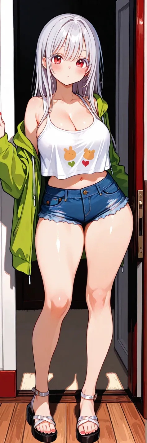 1girl,
score_9, absurdres,

from_front, full_body,

well_proportioned, voluptuous, (thick_thighs:1.0), fair_skin,

white_tanktop_overhang, cleavage, undressing_green_hoodie, micro_short_denim, strap_sandal,

red_eyes, white_thick_eyelashes,
silver_hair, lo...