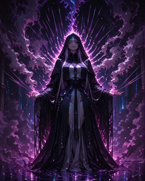 High angle, full body, (masterpiece, 4K, ultra-detailed, vivid and vibrant colors), {1 woman}: (beautiful and attractive woman with an ethereal, almost divine presence, her body enveloped in a fluid, dark cloak, tinged with bluish tones reminiscent of oute...