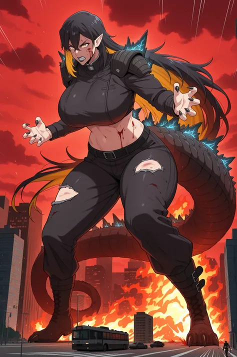 anime screencap, masterpiece, best quality, kajiu-jin-ah, 1girl, Mature Female, yellow eyes, absurdly long hair, two-tone hair, pointy ears, Godzilla tail, Godzilla large tail, long tail, very long tail, black hair, nails claws, attractive face, detailed f...