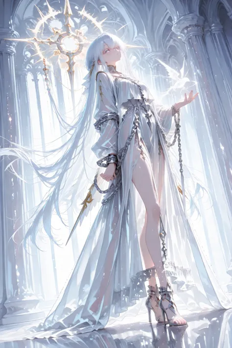 aria,white hair, white eyelashes, a translucent robe, high heels, eyes full of life, dreamy atmosphire, ((A maiden bound by white, shining chains descending from the heavens: 1.4, white chains. )) The chains emit an ethereal glow, Mist swirls, melancholy,...