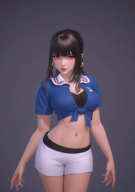 The image showcases a stylized female figure wearing a vibrant blue cropped top with short sleeves and a knotted front design. The top features a sailor-style collar adorned with red and white stripes, adding a nautical touch. Her outfit is completed with ...