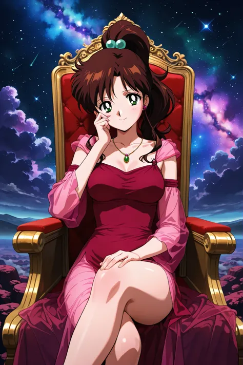 masterpiece, amazing quality, best quality, ultra-detailed, 8K, illustration, ultra-detailed-eyes, soft skin, very awa, very as2, soft body, 1990s \(style\), official art, makoto kino, brown hair, green eyes, hair bobbles, medium hair, ponytail, parted ban...