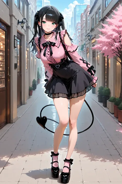 ((inspired by )),,(masterpiece, best quality),beautiful, beautiful-woman, ((detailed face)).(full body:1.3).,
,
1-woman.
(The woman is wearing jirai-kei fashion),pink frilled shirt with short puff sleeves, black neck ribbon,and high waist skirt with bla...