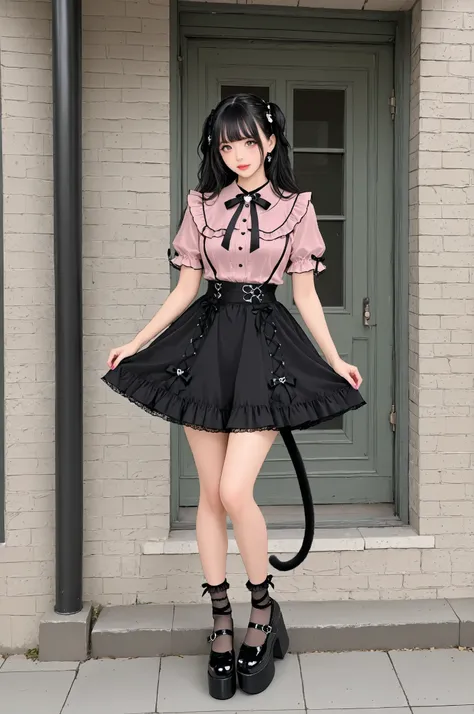 ((inspired by )),,(masterpiece, best quality),beautiful, beautiful-woman, ((detailed face)).(full body:1.3)., 

,
1-woman.
(The woman is wearing  jirai-kei fashion),pink frilled shirt with short puff sleeves, black neck ribbon,and high waist skirt with bla...