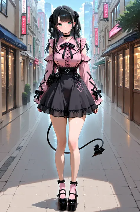 ((inspired by )),,(masterpiece, best quality),beautiful, beautiful-woman, ((detailed face)).(full body:1.3).,
,
1-woman.
(The woman is wearing jirai-kei fashion),pink frilled shirt with short puff sleeves, black neck ribbon,and high waist skirt with bla...