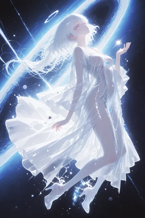 aria,white hair, white eyelashes, a translucent robe, high heels, eyes full of life, dreamy atmosphire, ((A girl drifts through space. )) Mist swirls, melancholy,