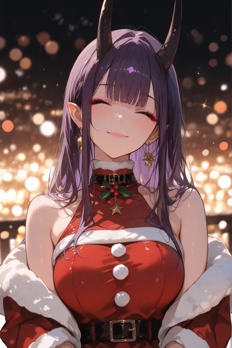 masterpiece, high quality, ultra detailed, super high resolution, bokeh,
1girl, solo, mishoujo, tall girl, 196cm, purple hair, long hair, straight bangs, sidelocks, closed eyes, smiling, black oni horns, glamour, motherly, oriental, gold earrings, elegant,...